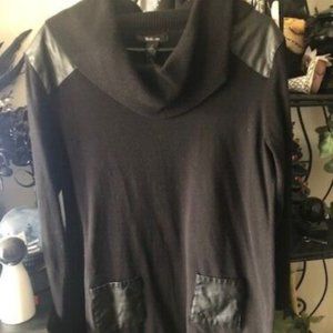 Black Cowl Neck Long Sweater Vegan Leather Patches Size Large